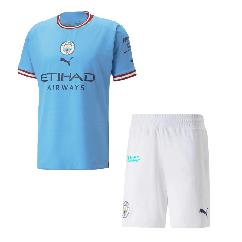 Kit Infantil Manchester City I 2022 - Azul e Branca - Halland