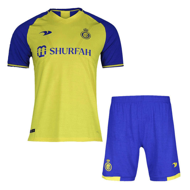 Kit Infantil Al Nassr Amarelo e azul Cristiano Ronaldo I 2022